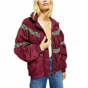 NWT Free People Burgundy Floral Stripe Oversized Bomber Jacket Size XS